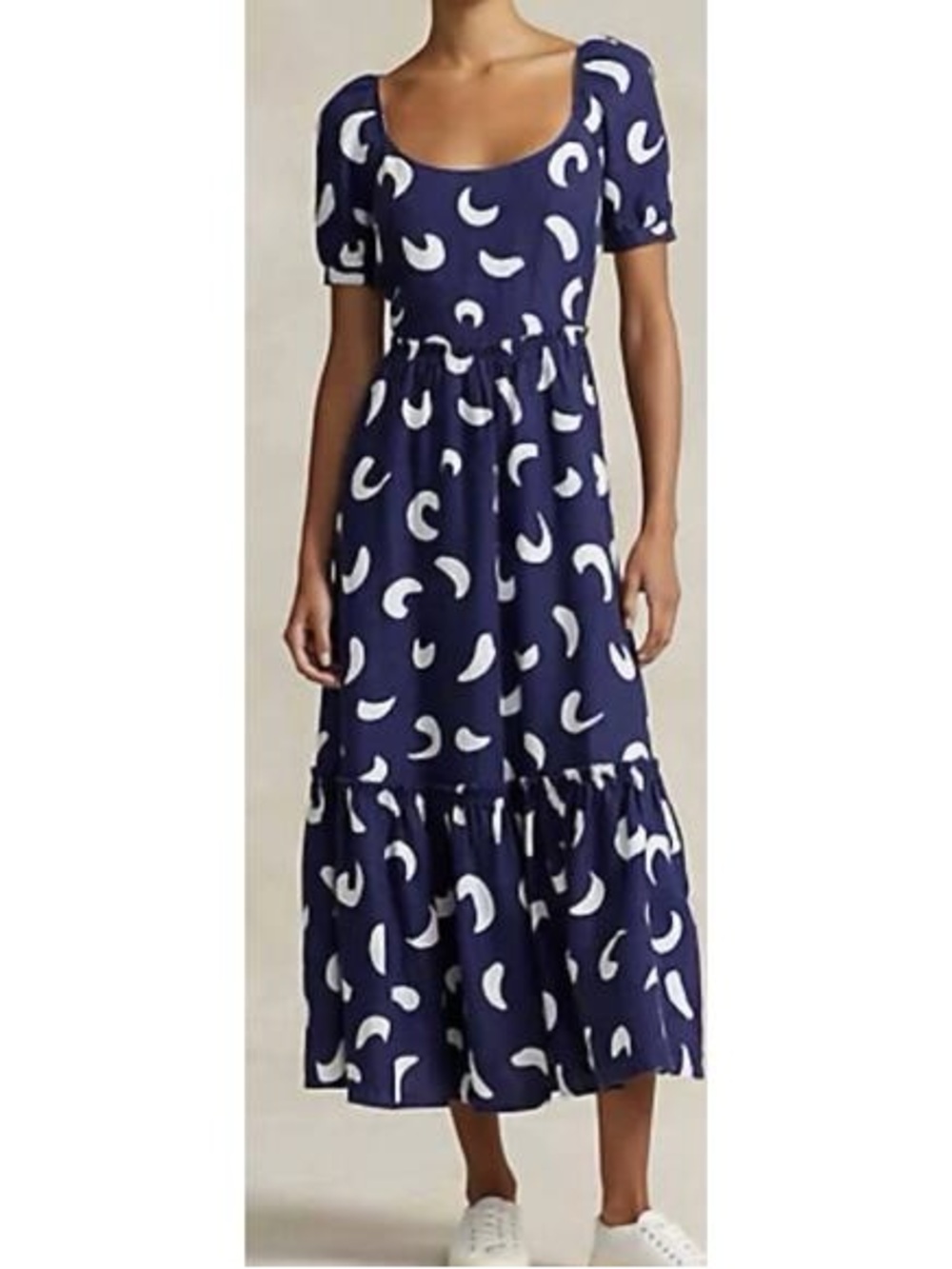 Polo Ralph Lauren EUC Kai Navy Blue Linen Midi Tiered Dress Sz 12